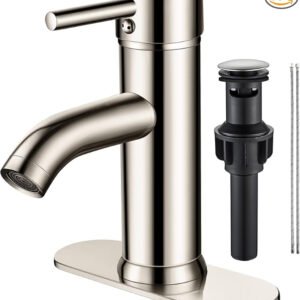 VOTON Bathroom Faucet Brushed Nickel Single Handle Bathroom Faucet 1 or 3 Hole Bathroom Sink Faucet with Deck Plate RV Bathroom Faucet 1.2 GPM