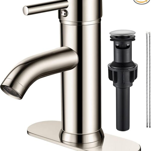 VOTON Bathroom Faucet Brushed Nickel Single Handle Bathroom Faucet 1 or 3 Hole Bathroom Sink Faucet with Deck Plate RV Bathroom Faucet 1.2 GPM