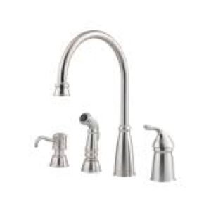 Pfister Avalon Kitchen Sink Faucet with Side Sprayer and Soap Dispenser, Single Handle, 4-Hole, High Arc, Stainless Steel Finish, GT264CBS