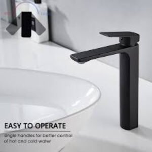 VOTON Vessel Sink Faucet Matte Black Tall Bathroom Faucet Single Handle Vanity Bathroom Sink Faucet 1 Hole Basin Mixer Tap with Water Supply Hose and Pop Up Sink Drain
