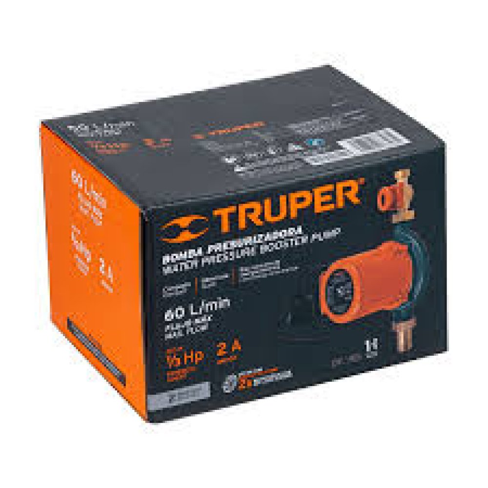 Truper 1/6 HP Pressurizing Pump, Black, Industrial, Plastic, 25 L/min Flow, 9m Max Height