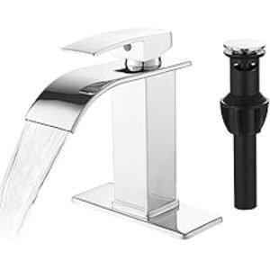 Homevacious Chrome Bathroom Faucet Waterfall Single Hole Faucets for Bathroom Vanity Sink with Pop Up Drain and Supply Hose Modern Stainless Steel RV Lavatory Faucet Deck Mounted Commerciall