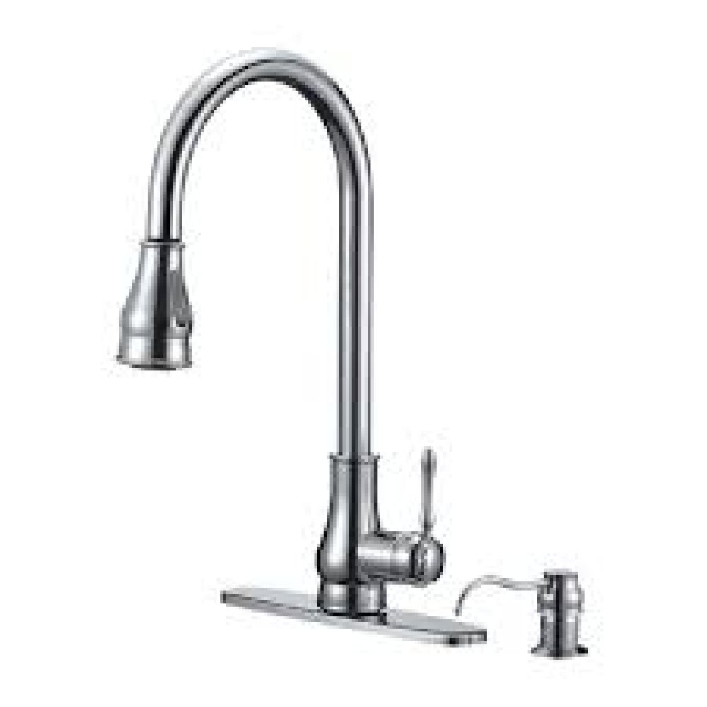 SGLE HDLE PULL OUT SINK FAUCET BRASS BODY 18'' W/DISP SOAP & PLATE SATIN FINISH