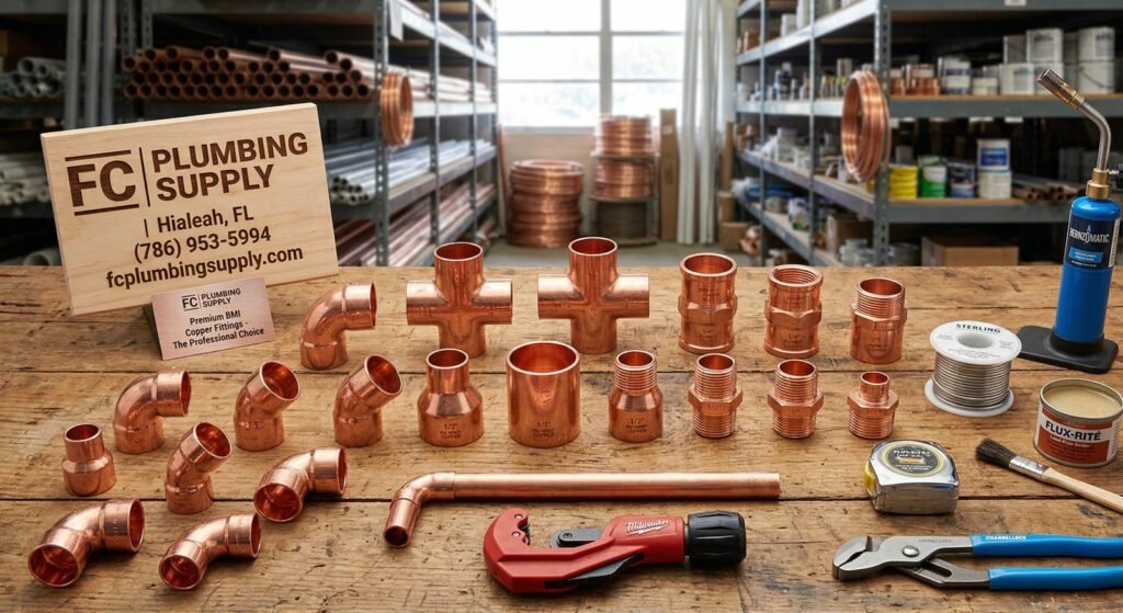 Professional grade copper plumbing fittings and tools displayed at FC Plumbing Supply warehouse in Hialeah, Florida