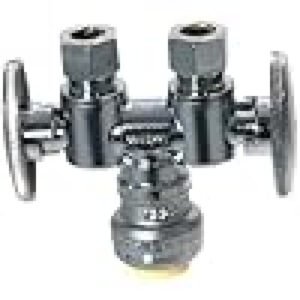 WiseWater 1/2" Push Fit x Dual 3/8" OD Compression Straight Stop Valve, 1/4 Turn Double Handles Shut Off Valve with Disconnect Clip, Chrome Plated Brass, Copper, PEX, CPVC, PE-RT Pipes (1 Pack)